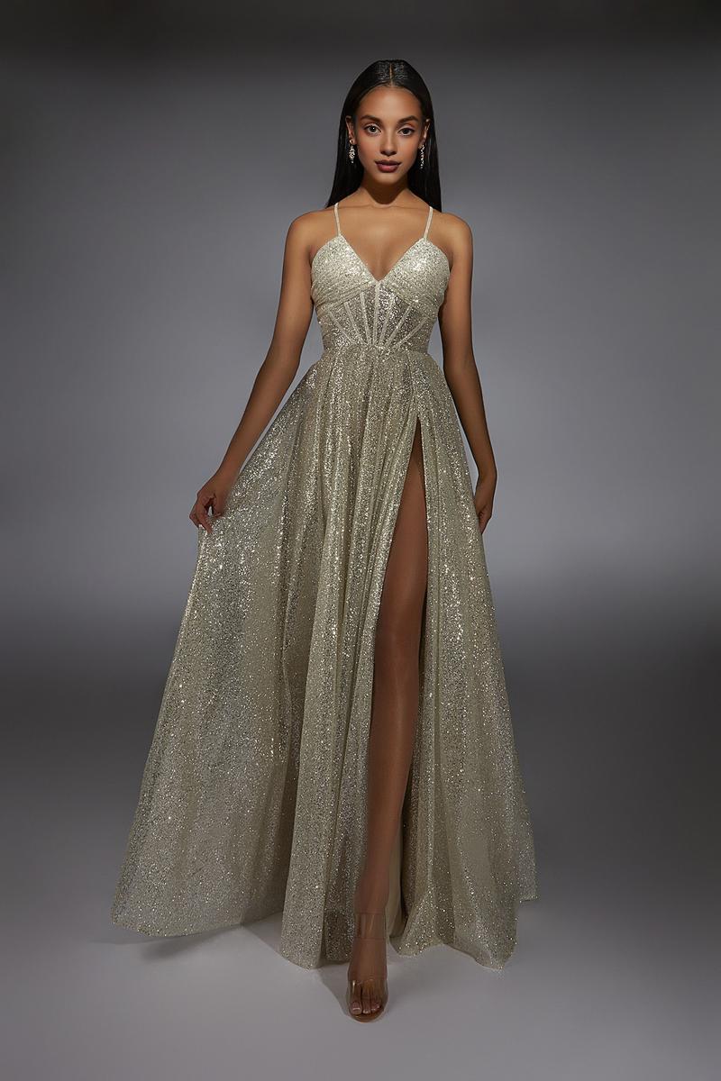 Robe de soirée luxueuse Weitese à bretelles spaghetti et col en V, coupe trapèze/princesse, longueur au sol, scintillante et brillante, dos nu